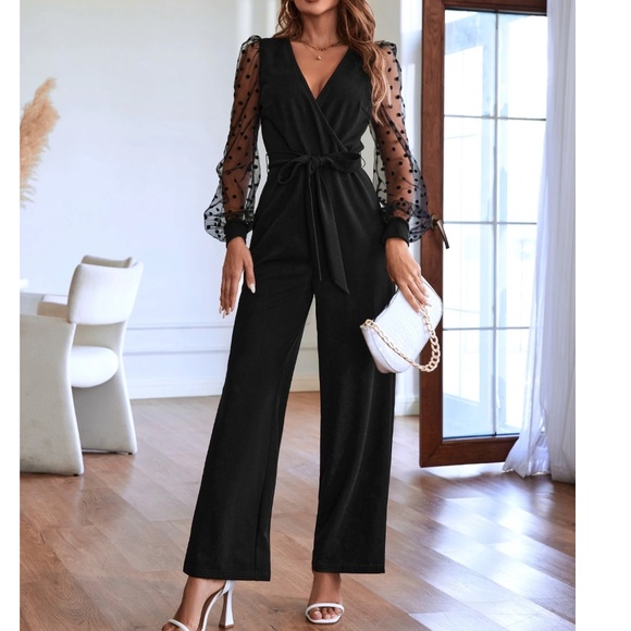 Classic Polka Dot Semi Sheer Long Sleeve Belted Straight Leg Jumpsuit - Picture 2 of 8